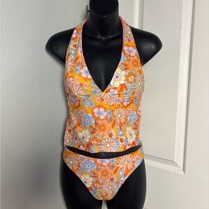 Floral V-Neck Bikini - Orange and Blue